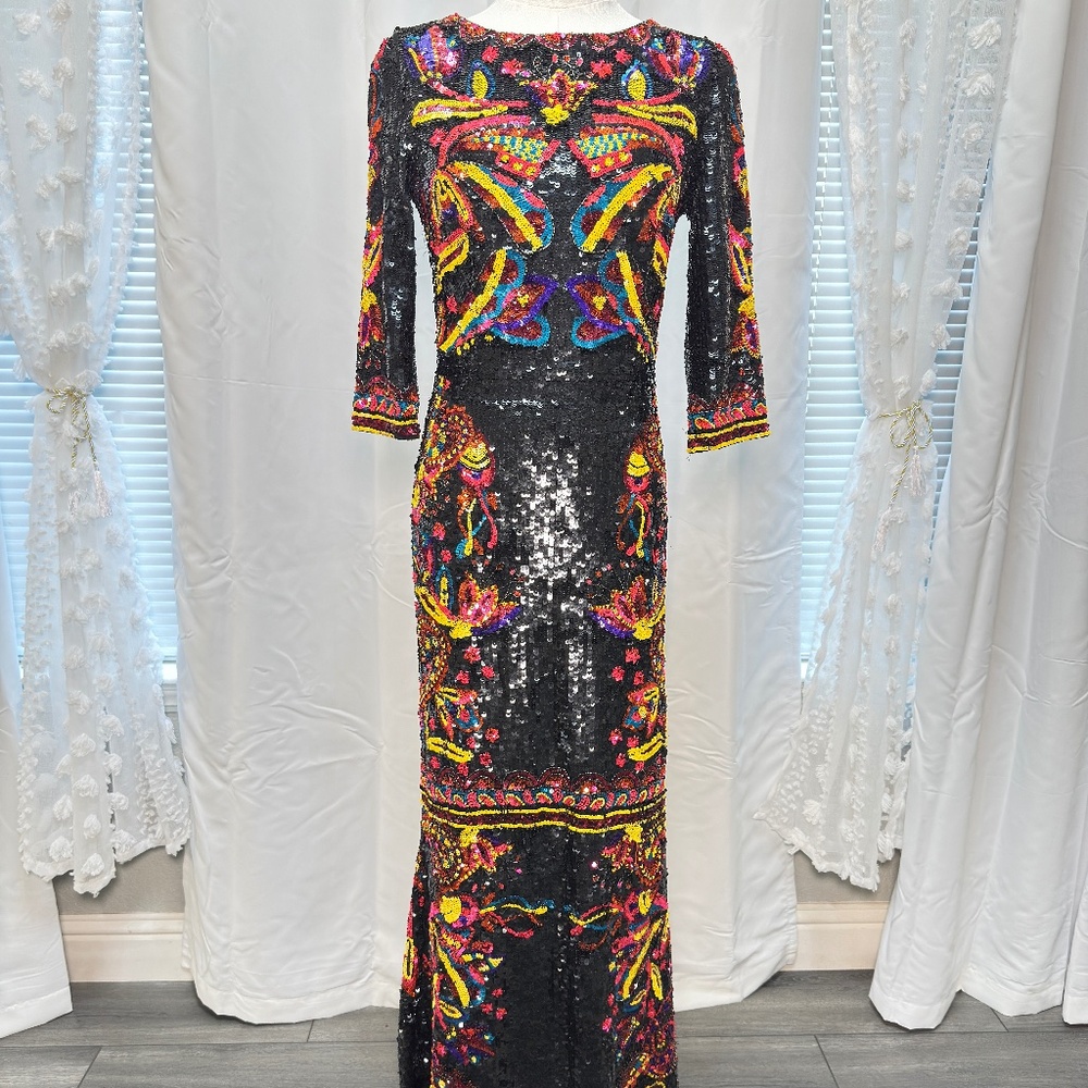 Alice and Olivia Beaded Sequin Embroidered Gown Dress Black Multicolor Size 8